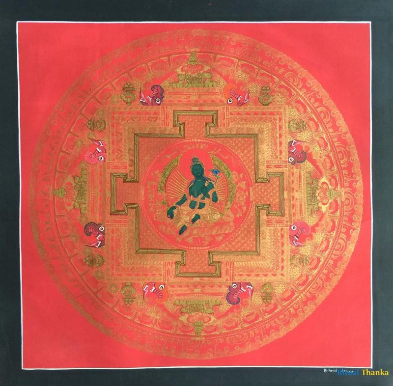 Green Tara Mandala Thangka in Red
